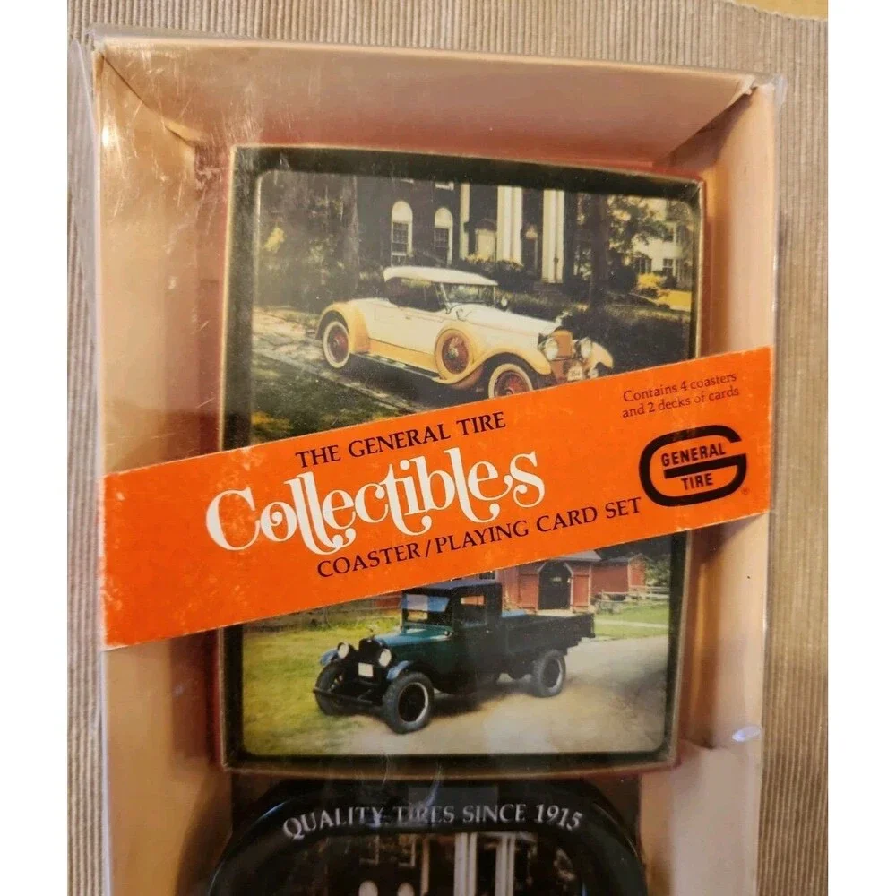 Vintage General Tire Cars Collectibles Coaster (4) & 2 Playing Card Set Sealed